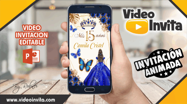 Video Invitación de 15 Años Dorado Azul Rey Editable