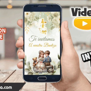 Video Invitación de Bautizo Verde Olivo Editable