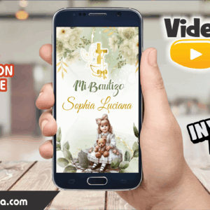 Video Invitación de Bautizo Verde Olivo Niña Editable