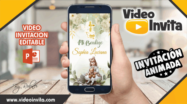 Video Invitación de Bautizo Verde Olivo Niña Editable
