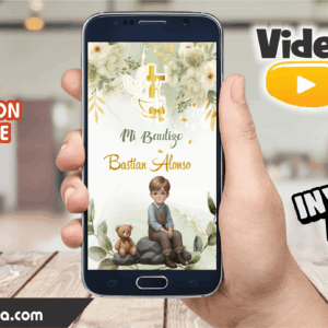 Video Invitación de Bautizo Verde Olivo Niño Editable
