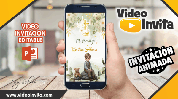 Video Invitación de Bautizo Verde Olivo Niño Editable