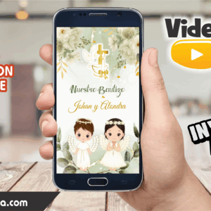Video Invitación de Bautizo Verde Olivo Angelito y Angelita Editable