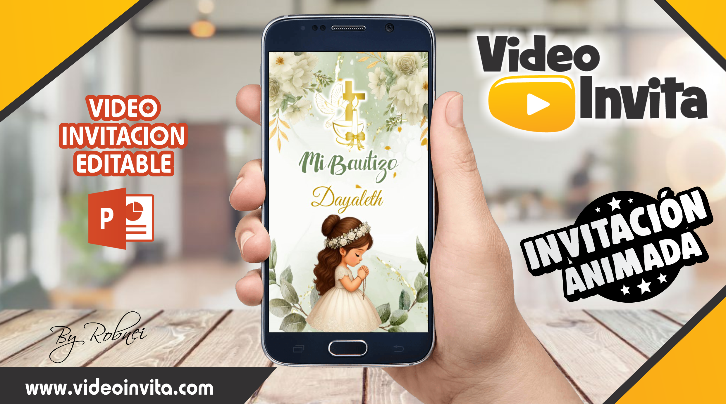 Video Invitación de Bautizo Verde Olivo Niña 2 Editable