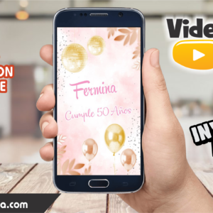 Video Invitación de Adulto Rosado y Dorado Editable