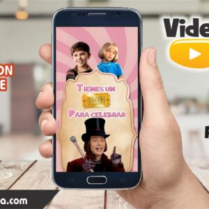 Video Invitación de Willy Wonka y la fábrica de chocolate Rosa Animada con ia Editable