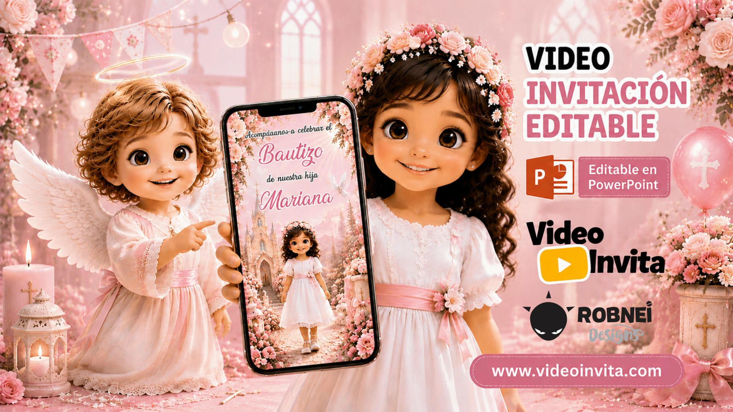 Video Invitación de Bautizo Angelita Niña con Sobre Animado con ia Editable