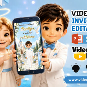Video Invitación de Bautizo Angelito con Sobre Animado con ia Editable