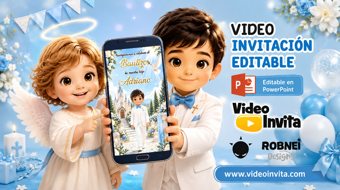 Video Invitación de Bautizo Angelito con Sobre Animado con ia Editable
