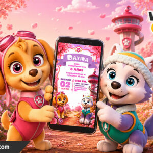 Video Invitación de Skye y Everest Paw Patrol-Rosado con ia Editable