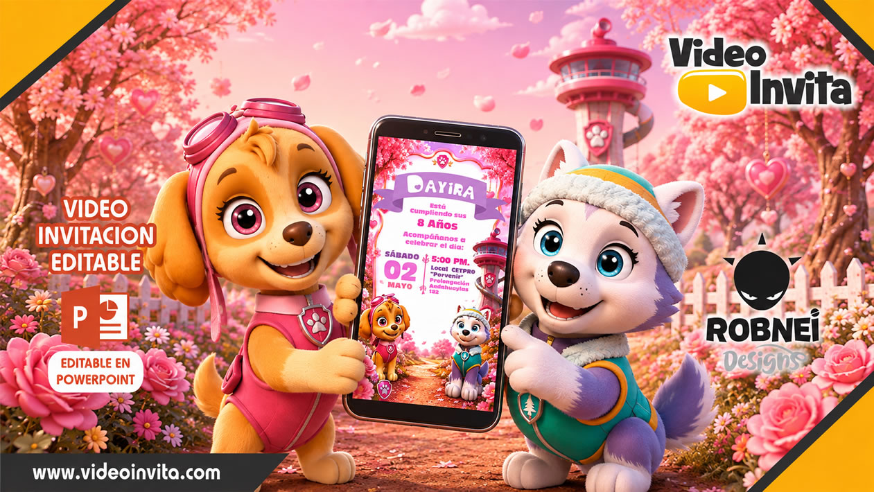 Video Invitación de Skye y Everest Paw Patrol-Rosado con ia Editable